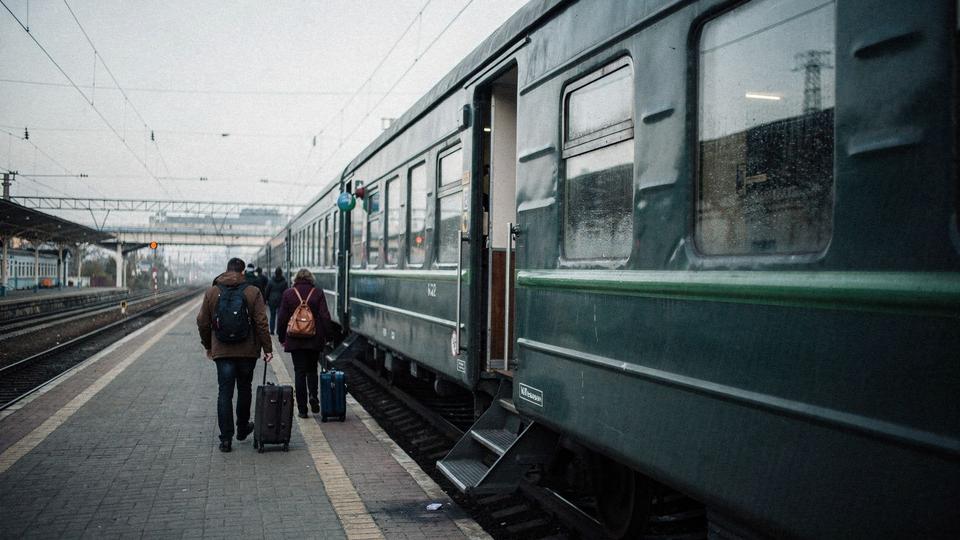 Sleeper carriage at a Kyiv station platform shortly before departure